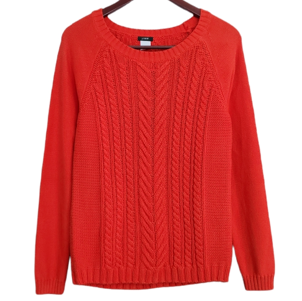 J Crew Cotton Cableknit Sweater Bright Tomato Red Orange Medium